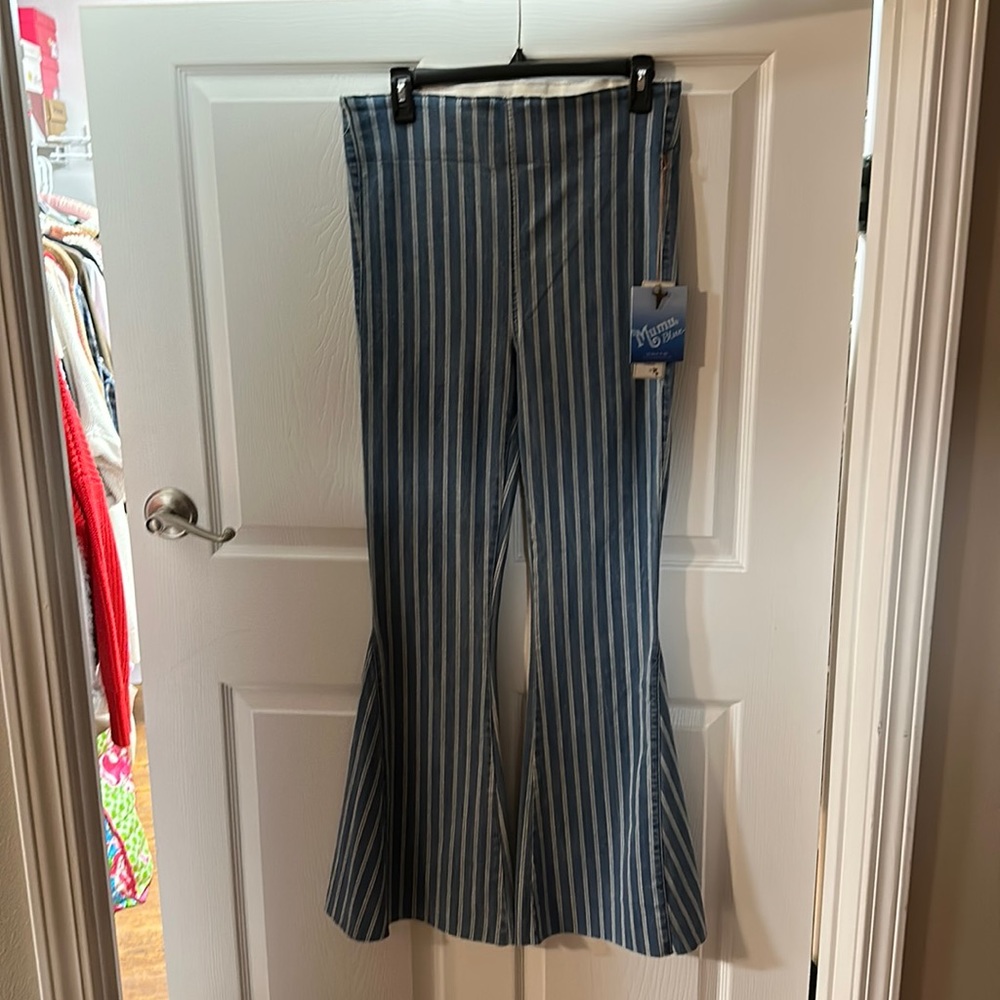 Show Me Your MuMu Blue & White Striped Boot Cut Pants